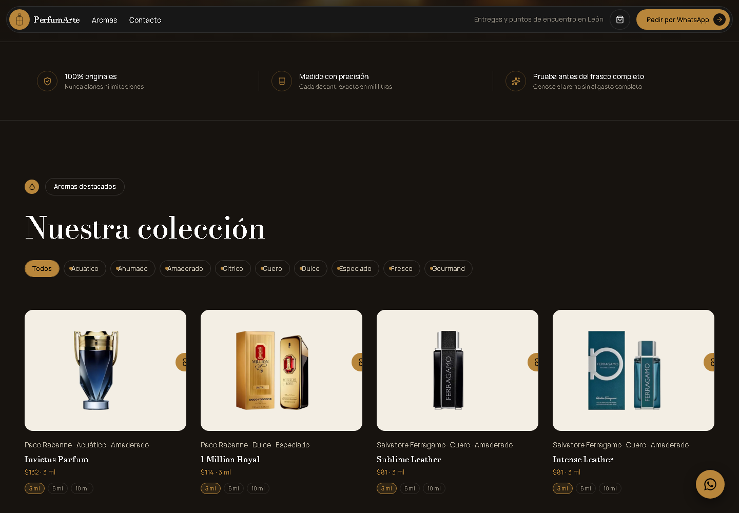 Catálogo de PerfumArte segmentado por familia olfativa